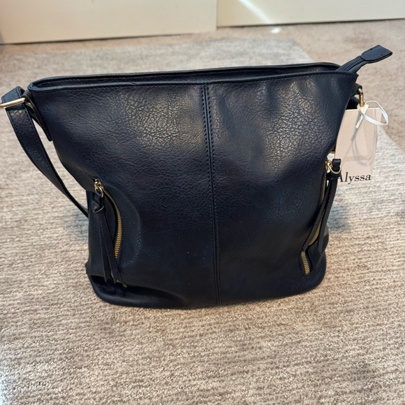 Alyssa Handbags - Alyssa Navy Blue Vegan Leather Shoulder Handbag with Inner Leopard Print Design